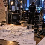 Logistique événementielle : table de régie avec plans et techniciens en montage