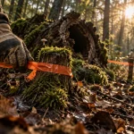 Protection de la foret : ruban orange de balisage en lisière forestière