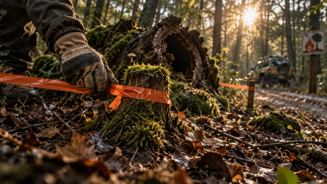 Protection de la foret : ruban orange de balisage en lisière forestière