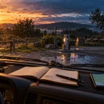 Photo d’un spot van au calme, van sur parking de campagne, nuit