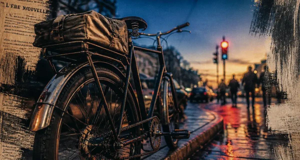 Velo musculaire urbain sous pluie légère, chaîne et pédalier visibles