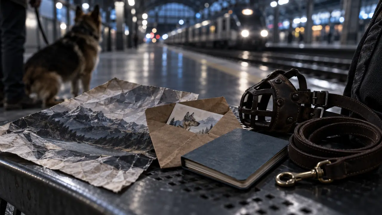 Voyage train avec chien : billet animal et carnet de santé près de la muselière